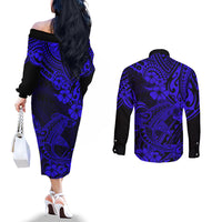 Hawaii Shark Couples Matching Off The Shoulder Long Sleeve Dress and Long Sleeve Button Shirts Polynesian Pattern Navy Blue Version LT01 - Polynesian Pride