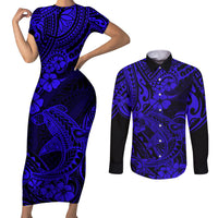 Hawaii Shark Couples Matching Short Sleeve Bodycon Dress and Long Sleeve Button Shirts Polynesian Pattern Navy Blue Version LT01 Blue - Polynesian Pride