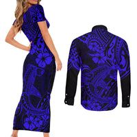 Hawaii Shark Couples Matching Short Sleeve Bodycon Dress and Long Sleeve Button Shirts Polynesian Pattern Navy Blue Version LT01 - Polynesian Pride