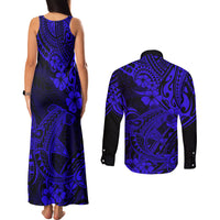 Hawaii Shark Couples Matching Tank Maxi Dress and Long Sleeve Button Shirts Polynesian Pattern Navy Blue Version LT01 - Polynesian Pride