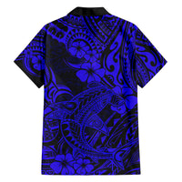 Hawaii Shark Family Matching Off Shoulder Long Sleeve Dress and Hawaiian Shirt Polynesian Pattern Navy Blue Version LT01 - Polynesian Pride