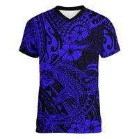 Hawaii Shark Women V Neck T Shirt Polynesian Pattern Navy Blue Version LT01 Female Blue - Polynesian Pride
