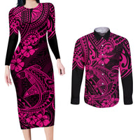 Hawaii Shark Couples Matching Long Sleeve Bodycon Dress and Long Sleeve Button Shirts Polynesian Pattern Pink Version LT01 Pink - Polynesian Pride