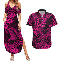 Hawaii Shark Couples Matching Summer Maxi Dress and Hawaiian Shirt Polynesian Pattern Pink Version LT01 Pink - Polynesian Pride