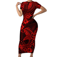 Hawaii Shark Family Matching Short Sleeve Bodycon Dress and Hawaiian Shirt Polynesian Pattern Red Version LT01 Mom's Dress Red - Polynesian Pride