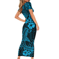 Hawaii Shark Short Sleeve Bodycon Dress Polynesian Pattern Sky Blue Version LT01 - Polynesian Pride