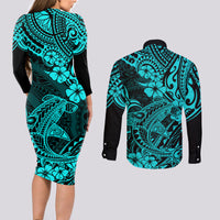 Hawaii Shark Couples Matching Long Sleeve Bodycon Dress and Long Sleeve Button Shirts Polynesian Pattern Turquoise Version LT01 - Polynesian Pride