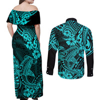 Hawaii Shark Couples Matching Off Shoulder Maxi Dress and Long Sleeve Button Shirts Polynesian Pattern Turquoise Version LT01 - Polynesian Pride