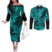 Hawaii Shark Couples Matching Off The Shoulder Long Sleeve Dress and Long Sleeve Button Shirts Polynesian Pattern Turquoise Version LT01 Turquoise - Polynesian Pride