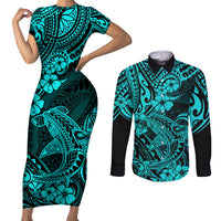 Hawaii Shark Couples Matching Short Sleeve Bodycon Dress and Long Sleeve Button Shirts Polynesian Pattern Turquoise Version LT01 Turquoise - Polynesian Pride