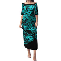 Hawaii Shark Family Matching Puletasi Dress and Hawaiian Shirt Polynesian Pattern Turquoise Version LT01 Mom's Dress Turquoise - Polynesian Pride