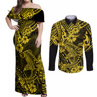 Hawaii Shark Couples Matching Off Shoulder Maxi Dress and Long Sleeve Button Shirts Polynesian Pattern Yellow Version LT01 Yellow - Polynesian Pride