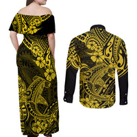 Hawaii Shark Couples Matching Off Shoulder Maxi Dress and Long Sleeve Button Shirts Polynesian Pattern Yellow Version LT01 - Polynesian Pride