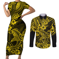 Hawaii Shark Couples Matching Short Sleeve Bodycon Dress and Long Sleeve Button Shirts Polynesian Pattern Yellow Version LT01 Yellow - Polynesian Pride