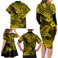 Hawaii Shark Family Matching Long Sleeve Bodycon Dress and Hawaiian Shirt Polynesian Pattern Yellow Version LT01 - Polynesian Pride