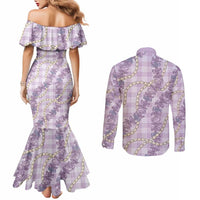 Pua Kalaunu Lei Couples Matching Mermaid Dress and Long Sleeve Button Shirt Palaka Pattern LT01 - Polynesian Pride