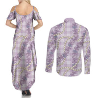 Pua Kalaunu Lei Couples Matching Summer Maxi Dress and Long Sleeve Button Shirt Palaka Pattern LT01 - Polynesian Pride