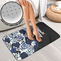 Monstera Plumeria Flowers Blue Bathroom Set Polynesian Pattern