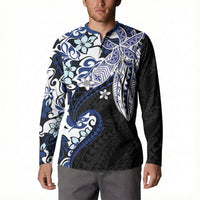 Monstera Plumeria Flowers Blue Button Sweatshirt Polynesian Pattern
