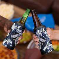 Monstera Plumeria Flowers Blue 4 in 1 Can Cooler Tumbler Polynesian Pattern