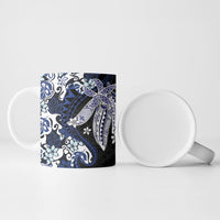 Monstera Plumeria Flowers Blue Ceramic Mug Polynesian Pattern