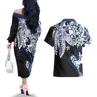 Monstera Plumeria Flowers Blue Couples Matching Off The Shoulder Long Sleeve Dress and Hawaiian Shirt Polynesian Pattern