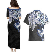Monstera Plumeria Flowers Blue Couples Matching Puletasi and Hawaiian Shirt Polynesian Pattern
