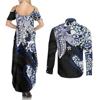 Monstera Plumeria Flowers Blue Couples Matching Summer Maxi Dress and Long Sleeve Button Shirt Polynesian Pattern