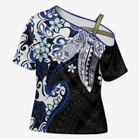 Monstera Plumeria Flowers Blue Cross Shoulder Shirt Polynesian Pattern