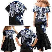 Monstera Plumeria Flowers Blue Family Matching Mermaid Dress and Hawaiian Shirt Polynesian Pattern