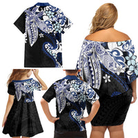 Monstera Plumeria Flowers Blue Family Matching Off Shoulder Short Dress and Hawaiian Shirt Polynesian Pattern