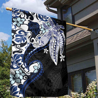 Monstera Plumeria Flowers Blue Garden Flag Polynesian Pattern