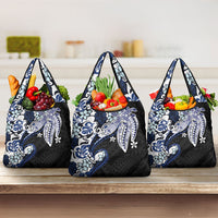 Monstera Plumeria Flowers Blue Grocery Bag Polynesian Pattern