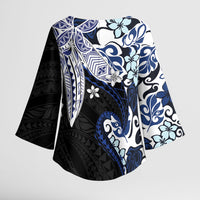 Monstera Plumeria Flowers Blue Kimono Sleeve Blouse Polynesian Pattern
