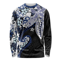 Monstera Plumeria Flowers Blue Long Sleeve Shirt Polynesian Pattern