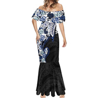Monstera Plumeria Flowers Blue Mermaid Dress Polynesian Pattern