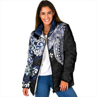 Monstera Plumeria Flowers Blue Padded Jacket Polynesian Pattern