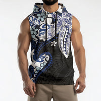 Monstera Plumeria Flowers Blue Sleeveless Hoodie Polynesian Pattern