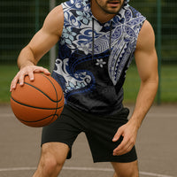 Monstera Plumeria Flowers Blue Sleeveless Hoodie Polynesian Pattern