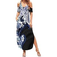 Monstera Plumeria Flowers Blue Summer Maxi Dress Polynesian Pattern