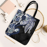 Monstera Plumeria Flowers Blue Tote Bag Polynesian Pattern