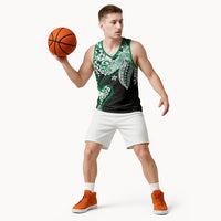 Monstera Plumeria Flowers Green Basketball Jersey Polynesian Pattern