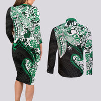 Monstera Plumeria Flowers Green Couples Matching Long Sleeve Bodycon Dress and Long Sleeve Button Shirt Polynesian Pattern