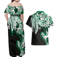 Monstera Plumeria Flowers Green Couples Matching Off Shoulder Maxi Dress and Hawaiian Shirt Polynesian Pattern