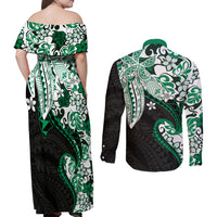 Monstera Plumeria Flowers Green Couples Matching Off Shoulder Maxi Dress and Long Sleeve Button Shirt Polynesian Pattern
