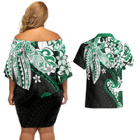 Monstera Plumeria Flowers Green Couples Matching Off Shoulder Short Dress and Hawaiian Shirt Polynesian Pattern