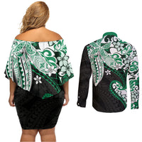 Monstera Plumeria Flowers Green Couples Matching Off Shoulder Short Dress and Long Sleeve Button Shirt Polynesian Pattern LT01 - Polynesian Pride