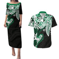 Monstera Plumeria Flowers Green Couples Matching Puletasi and Hawaiian Shirt Polynesian Pattern