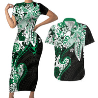 Monstera Plumeria Flowers Green Couples Matching Short Sleeve Bodycon Dress and Hawaiian Shirt Polynesian Pattern