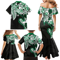 Monstera Plumeria Flowers Green Family Matching Mermaid Dress and Hawaiian Shirt Polynesian Pattern
